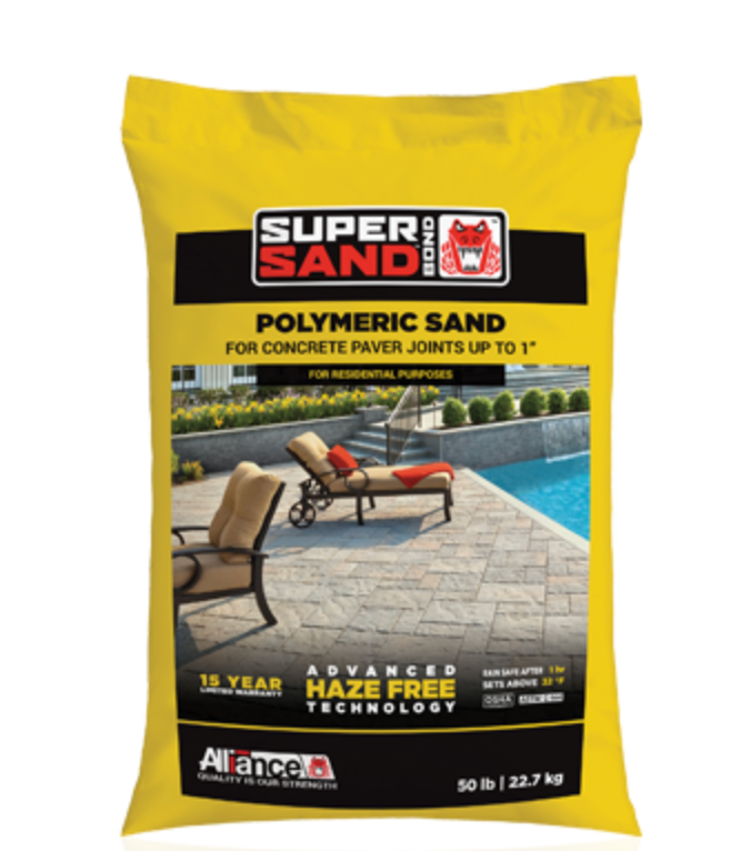 Yellow bag of Super Sand polymeric sand for concrete paver joints, with patio image on front