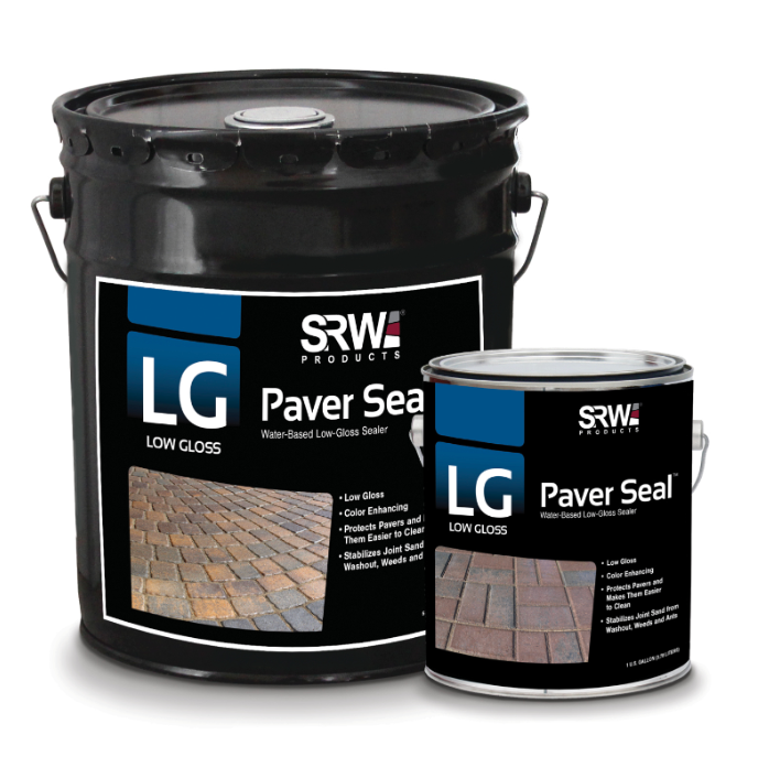 Black buckets and can of LG low gloss paver seal coating with pavement image on labels