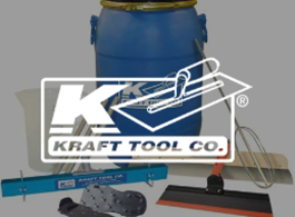 Kraft Tool Co. logo over blue barrel and assorted construction tools on a gray background