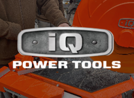 IQ Power Tools logo over orange saw and black material