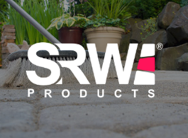 SRW Products logo in white and pink over a blurred outdoor garden background