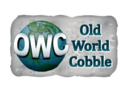 OWC Old World Cobble logo with a green-blue globe and gray stone-textured background