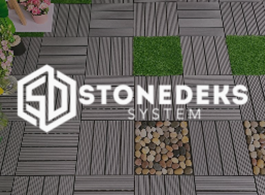 StoneDeks System logo over gray and brown stone patio tiles with grass inlays