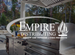 Empire Distributing logo over a stainless outdoor grill in a covered patio setting