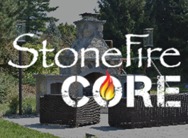 Stonefire Core logo over outdoor stone fireplace and wicker seating in a backyard setting