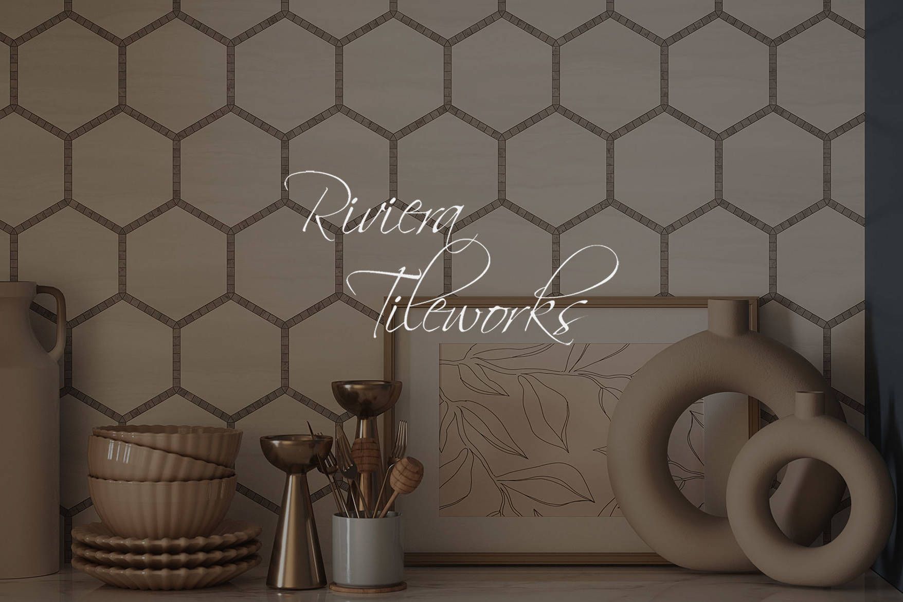 Kitchen counter with beige hexagon tile, stacked dishes, utensil holder, framed art, and decorative rings