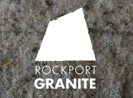Rockport Granite logo on a gray stone background with a white rock silhouette