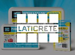 LATICRETE tile adhesive packaging in blue and yellow with product boxes and bucket.