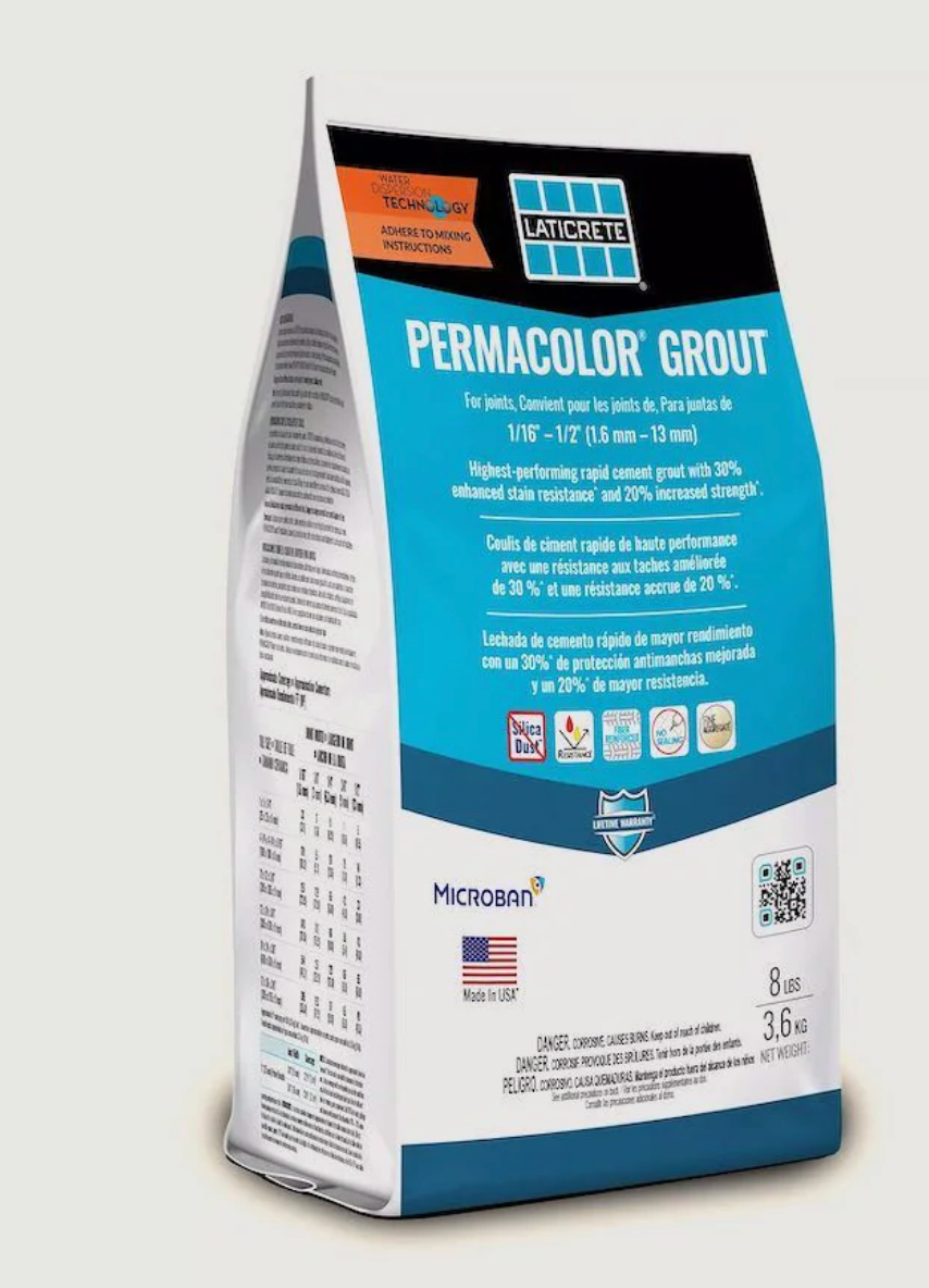 Blue and white Mapei Keracolor Grout bag standing upright on a white background