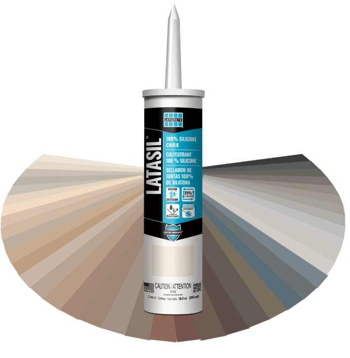 Latisil sealant tube centered over a fan of beige and gray color swatches