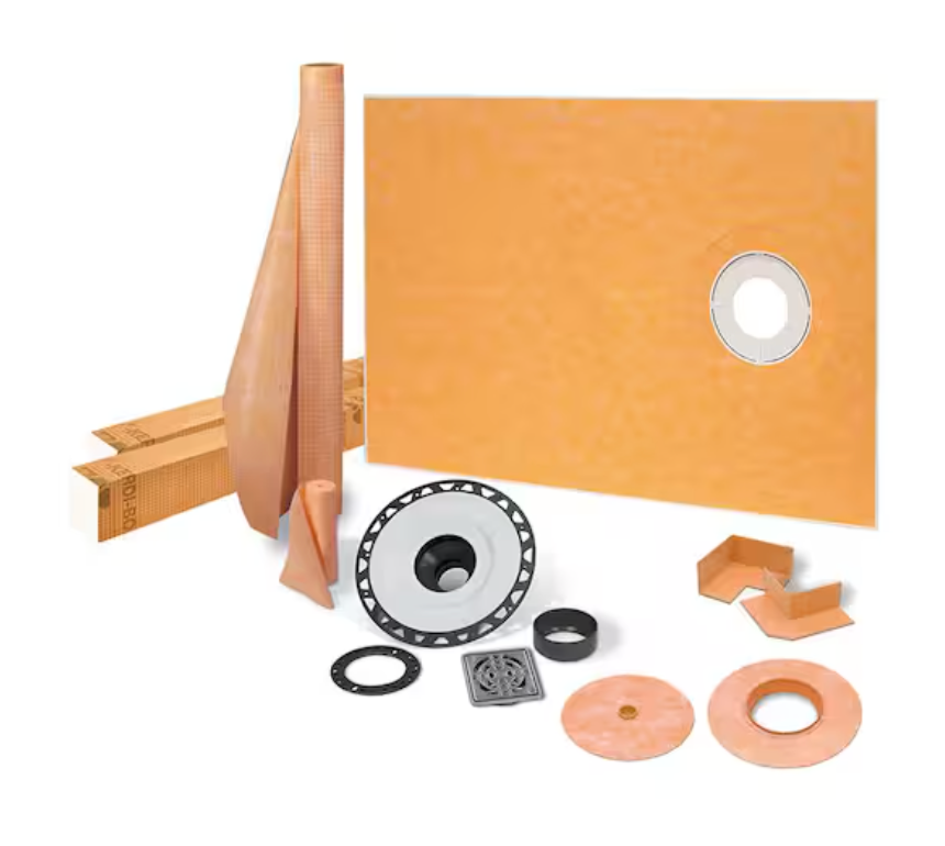 Orange waterproofing membrane and flashing kit with drain parts and accessories