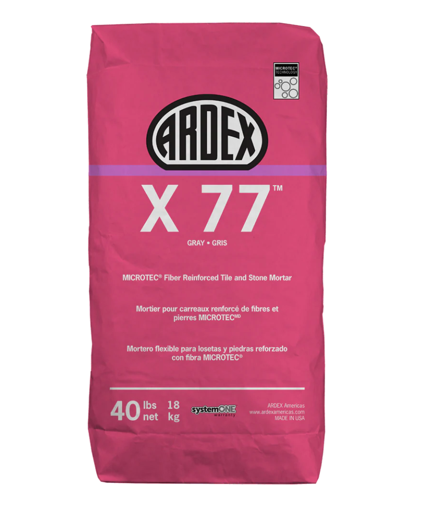 Pink Ardex X 77 adhesive bag with bold black-and-white logo and product details.