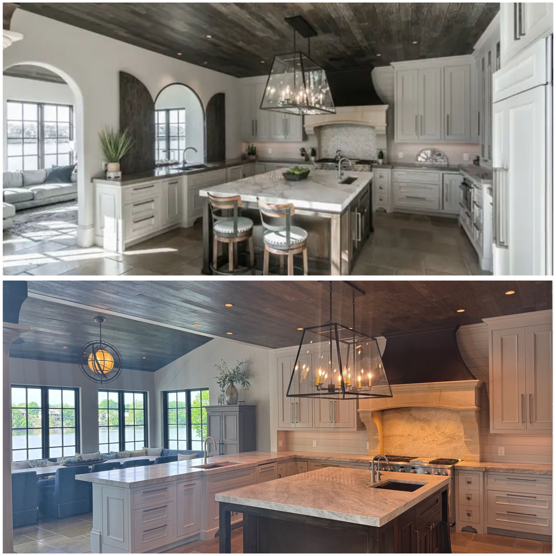 Two spacious kitchens with light cabinetry, large islands, and wooden ceilings.