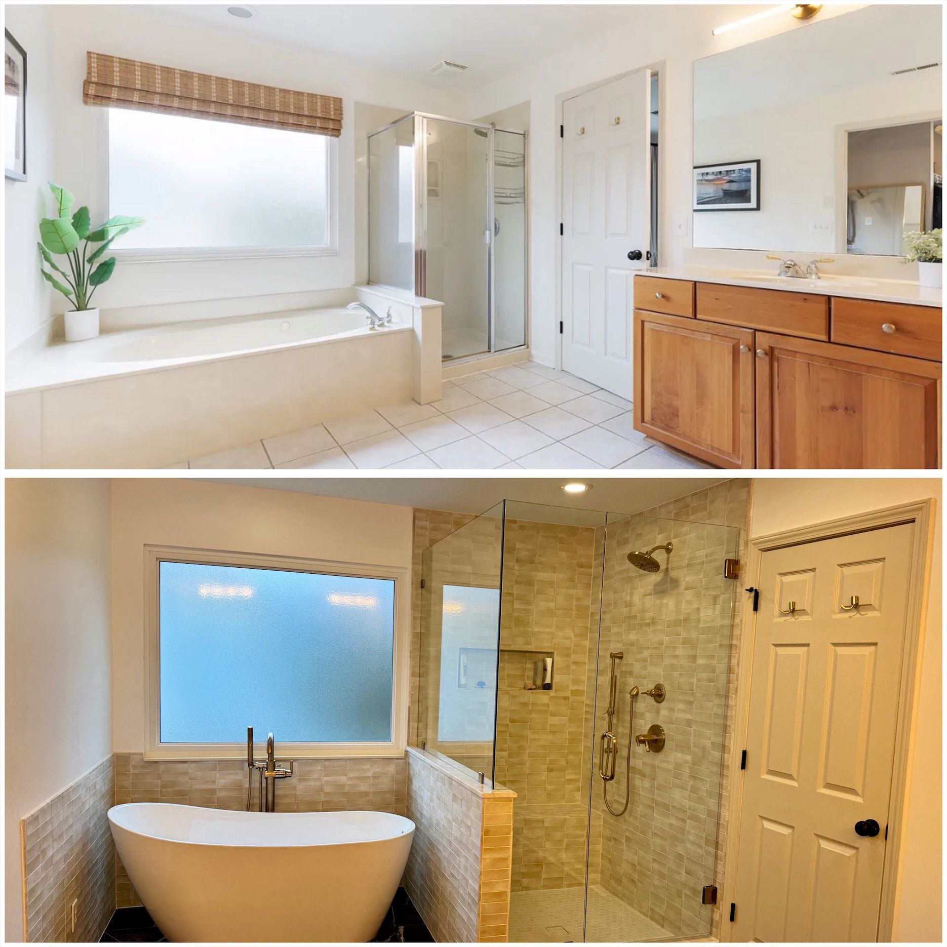 Two bathroom photos: top is dated, with a tub and vanity; bottom is renovated, with a freestanding tub and new shower.