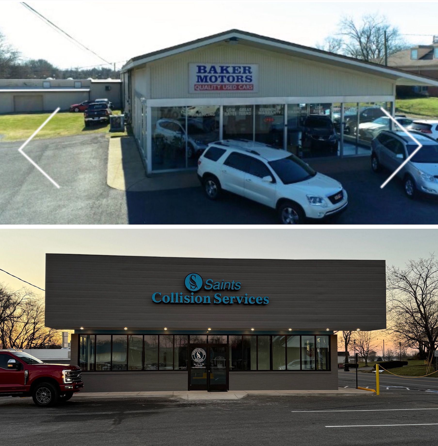 Top: Baker Motors car dealership, a white building with cars. Bottom: Sonic Collision Services, gray building, red truck parked.