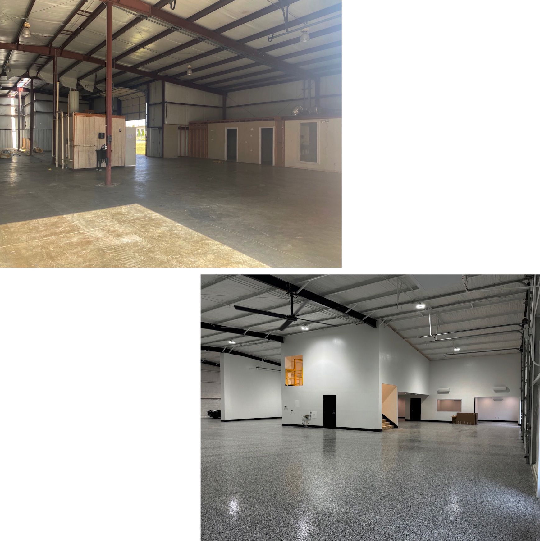 Two photos of an empty warehouse interior with a metal roof. One shows unfinished walls and a concrete floor, the other, a painted interior.