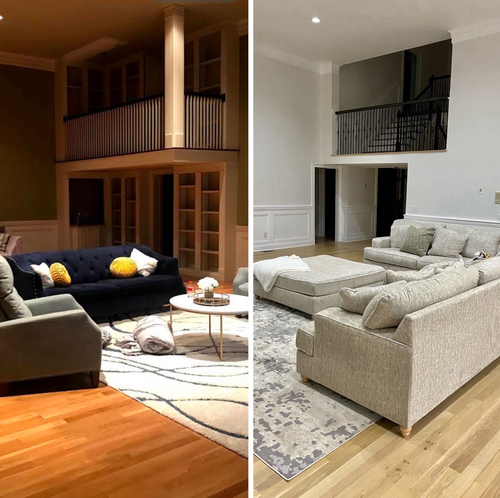 Two room photos: before with dark walls/furniture, after with light walls/furniture.