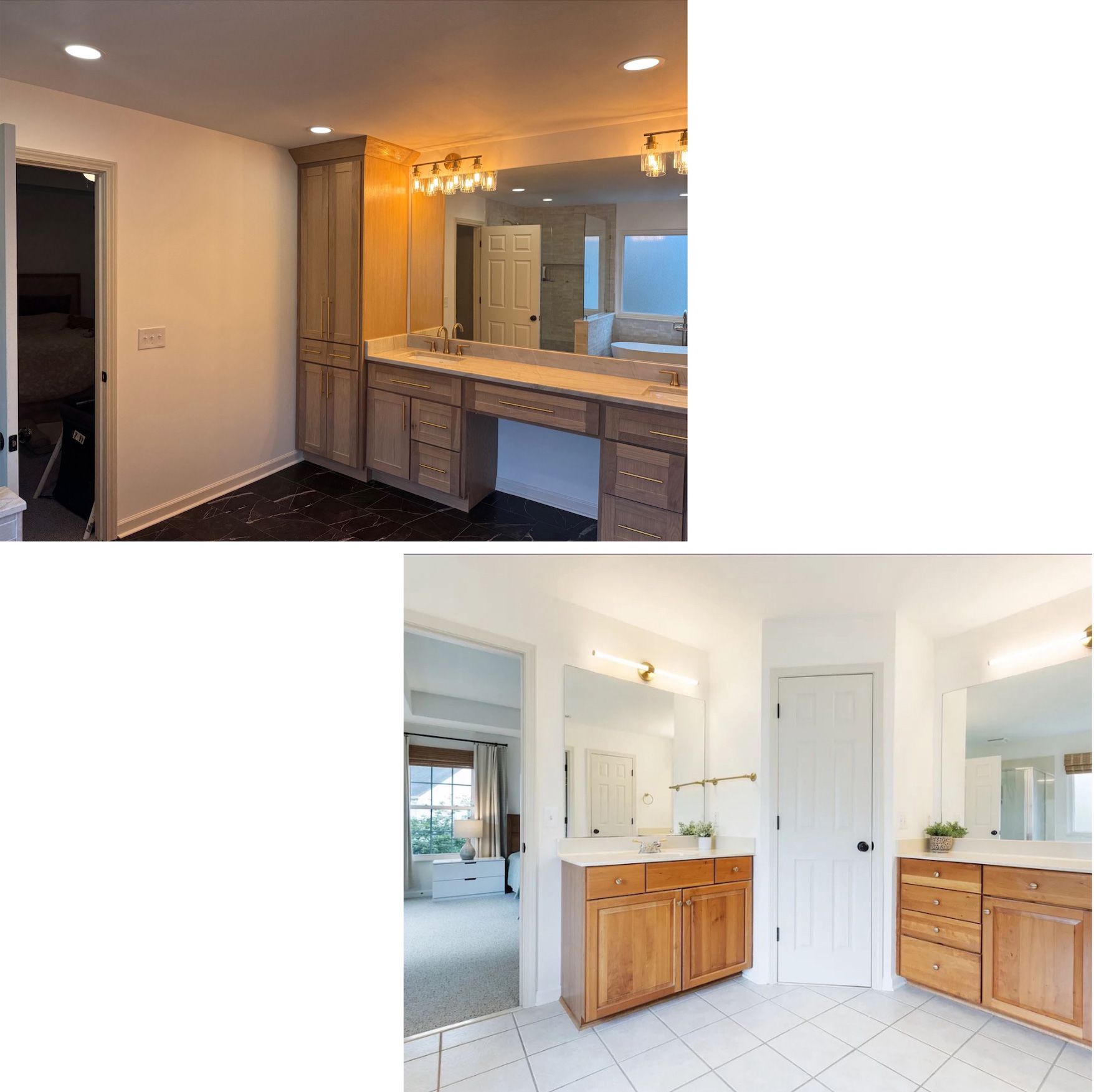 Two photos of bathrooms: one with dark flooring, the other with white tile and wood cabinets.