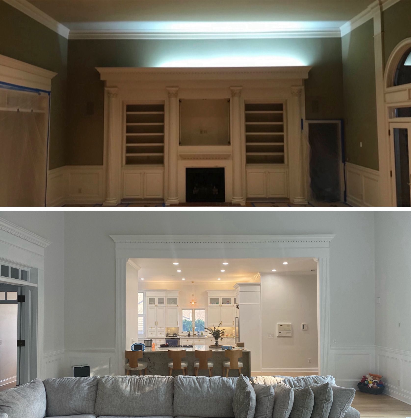 Two photos of interior home spaces; one with a fireplace, one with a kitchen visible, all white.