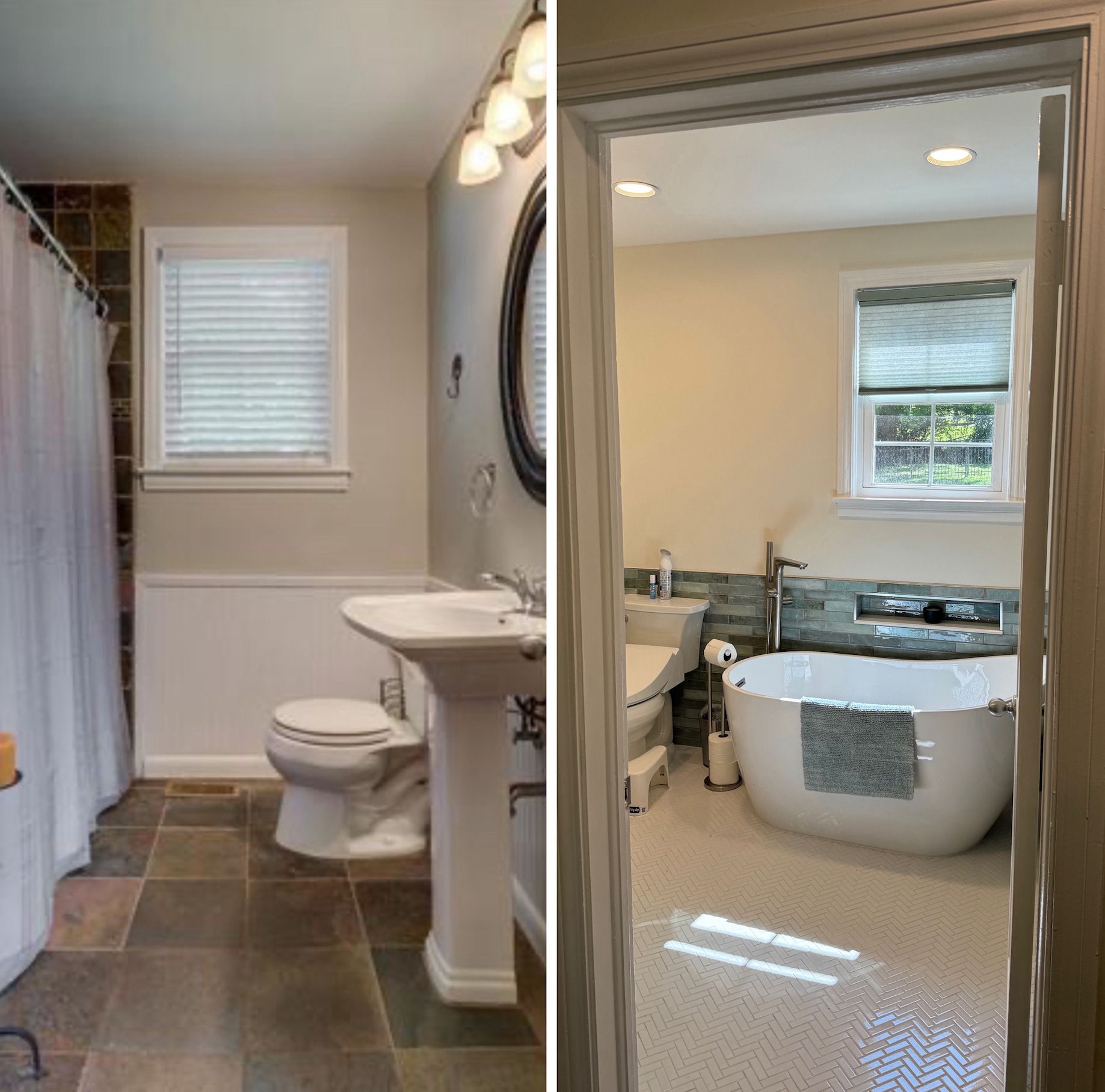Two bathroom views: before with tile, shower, and toilet; after with a bathtub, new tile, and open doorway.