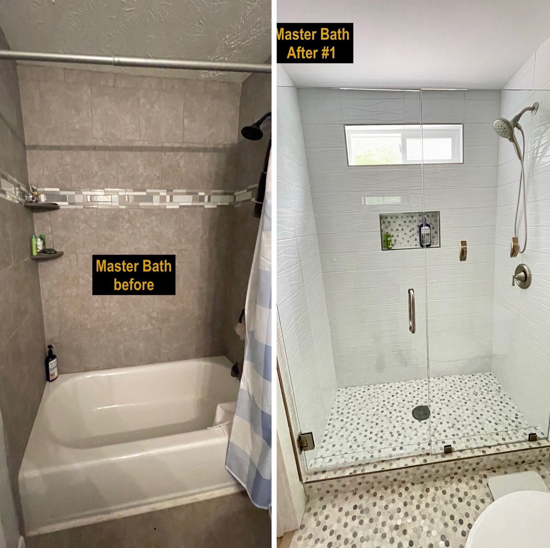 Before-and-after of a master bathroom remodel. Before: tub/shower combo with gray tile. After: walk-in shower with pebble floor.