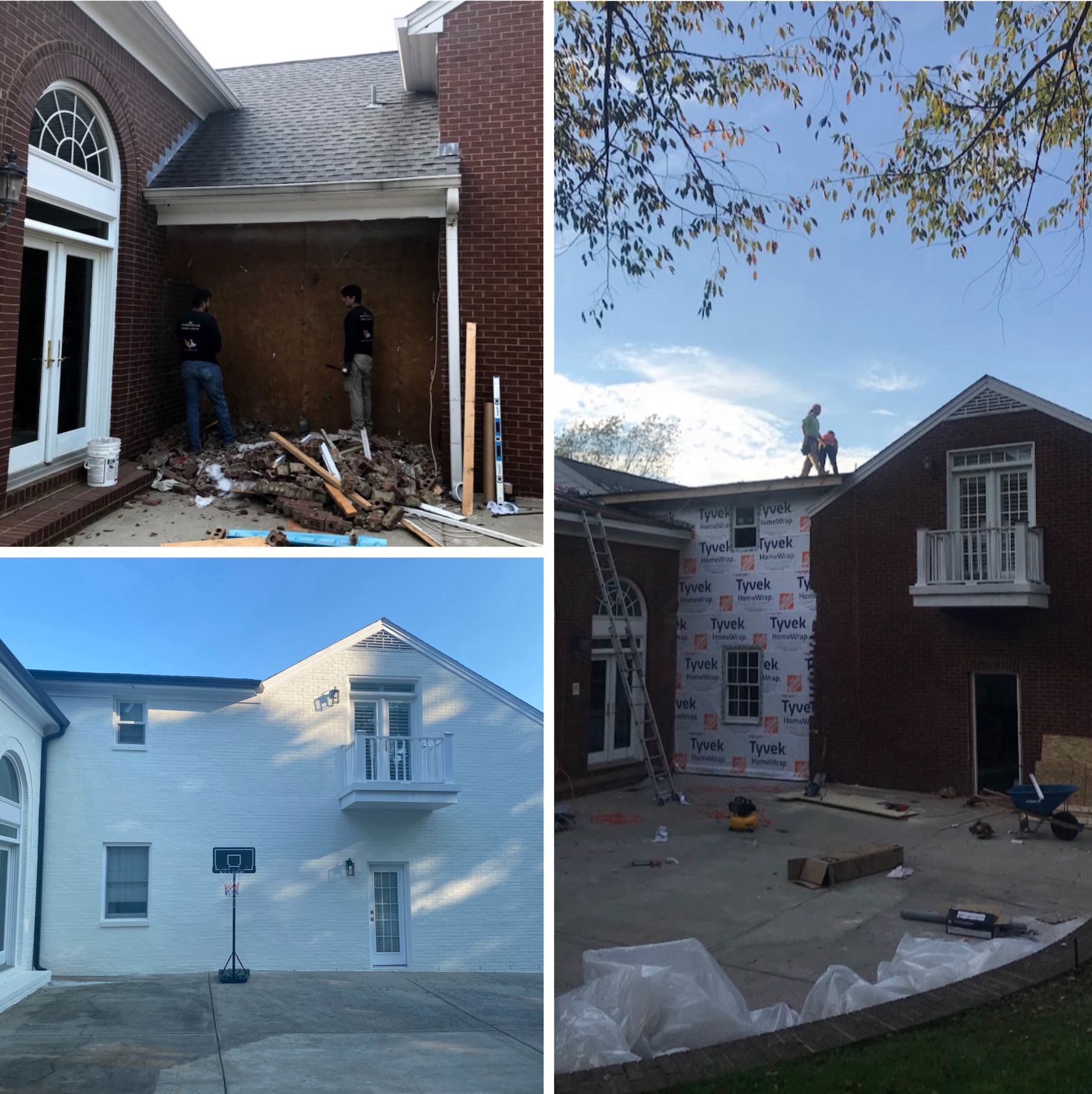 Construction project: demolition, roofing, and siding of a two-story brick building; workers on site.
