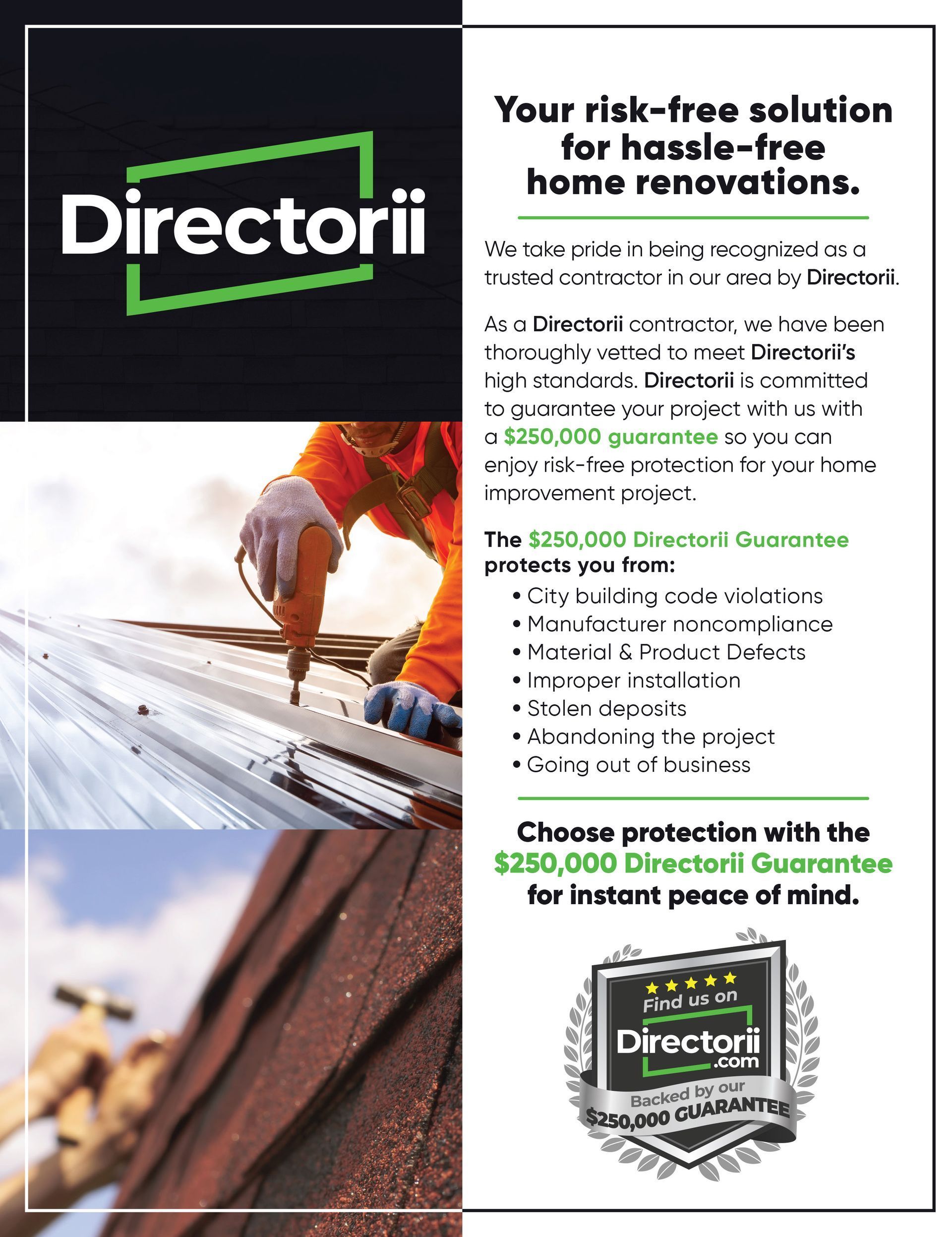 Advertisement for Directorii, a home renovation service, featuring roof work and a guarantee.