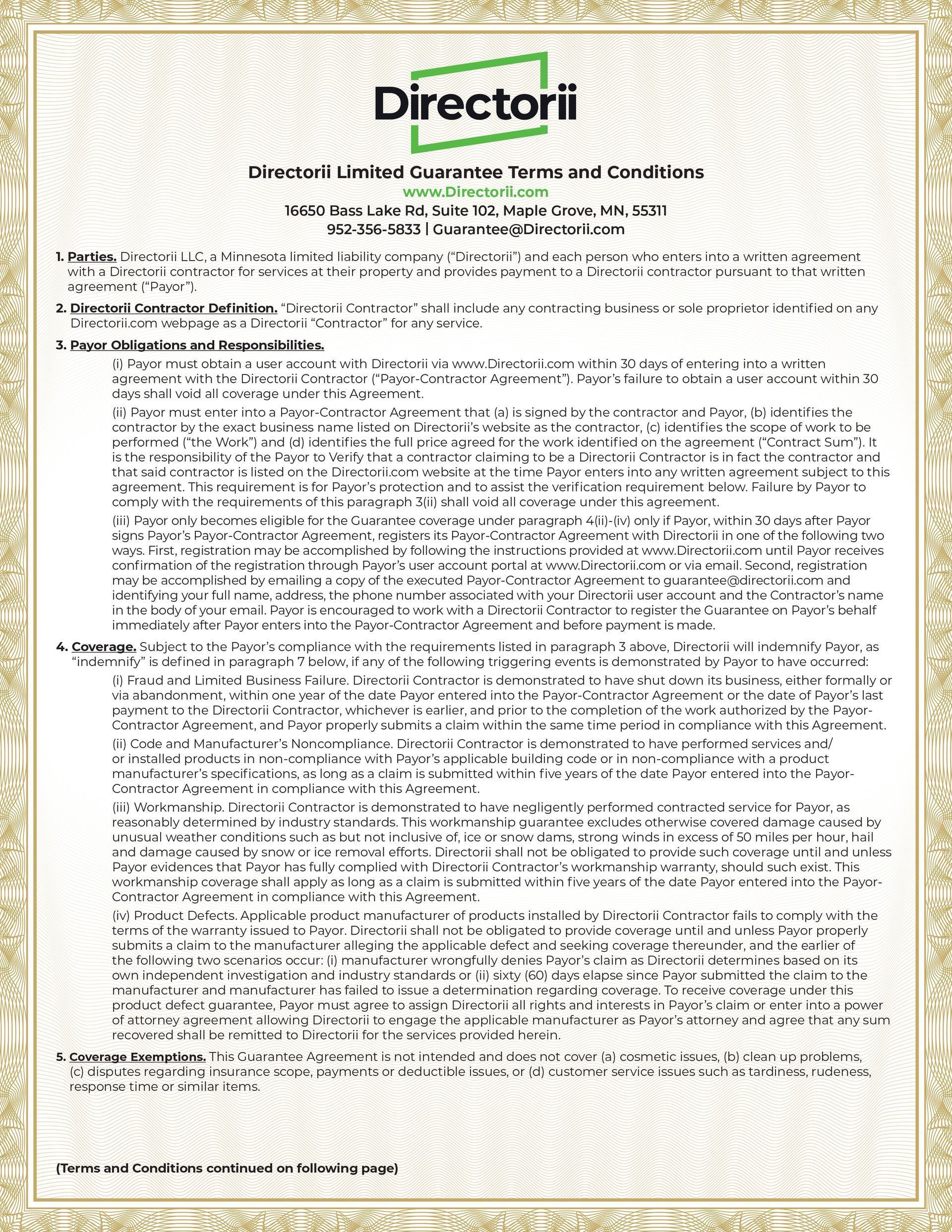 Certificate from Directorii with text on a cream background, enclosed by a border.