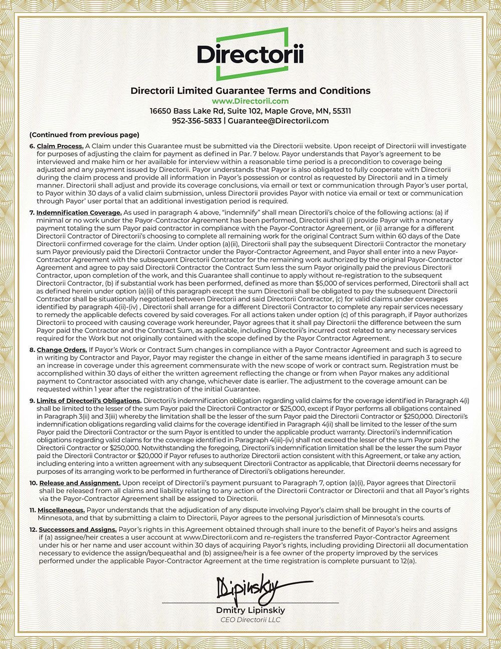 Certificate from Directori with green and gold trim, text-heavy, signed at the bottom.