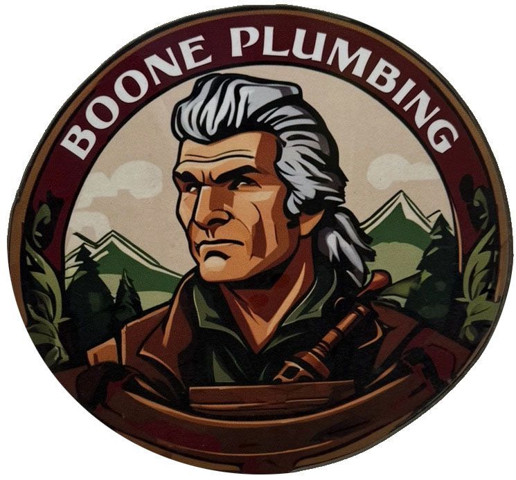 Boone Plumbing logo with a stern gray-haired man and mountain backdrop in a circular emblem