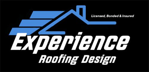 Experience Roofing Design logo in blue and white on black background, with house roof icon and &ldquo;Licensed, Bonded & Insured&rdquo;.