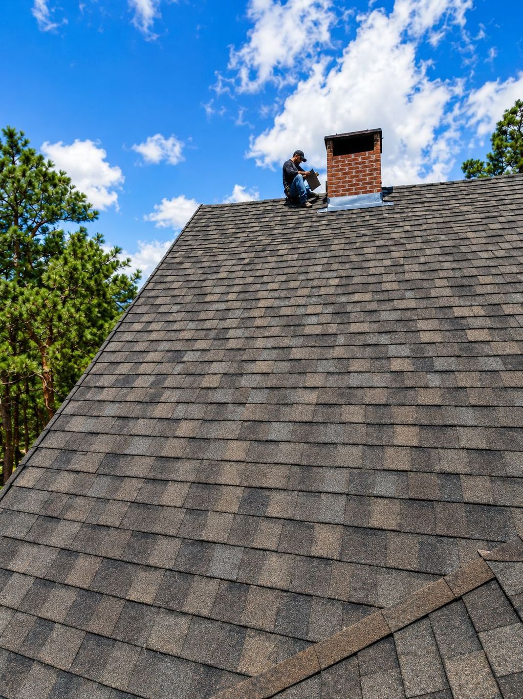 Worker on a steep shingled roof near a chimney under a blue sky
