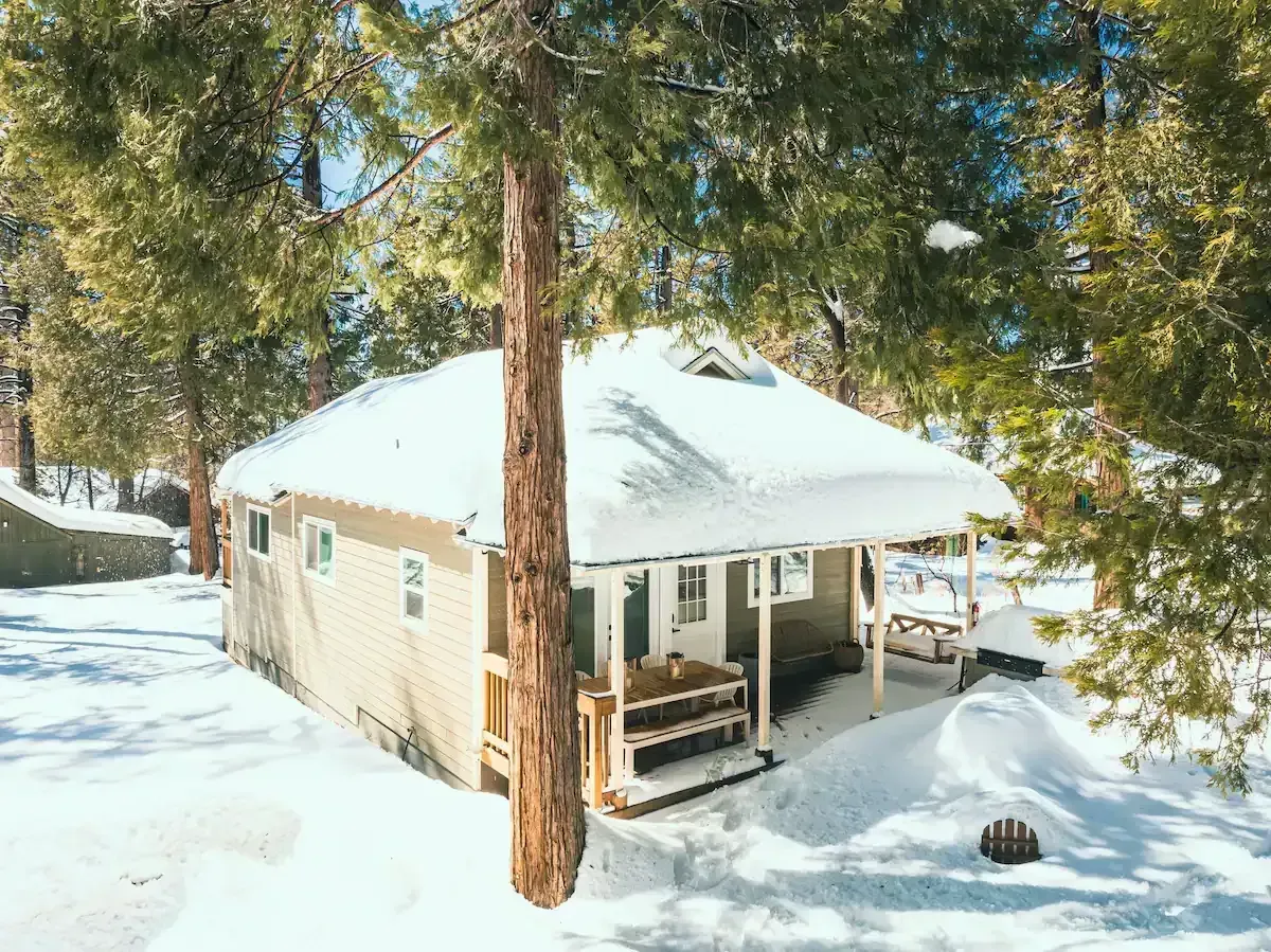 Snow-covered cabin with a porch among tall pine trees in a winter forest