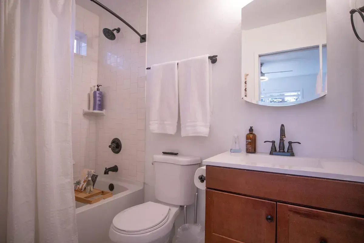 Small bathroom with a toilet, shower curtain, sink, mirror, and wood vanity.