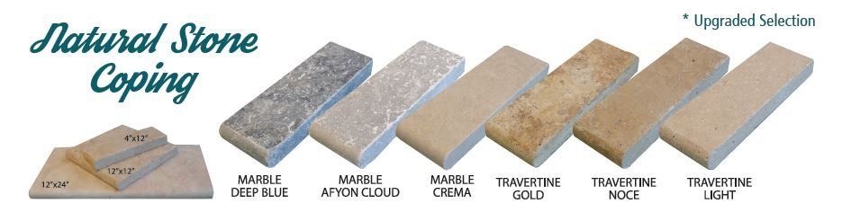 Natural Stone Coping product lineup showing five stone profiles and edge styles