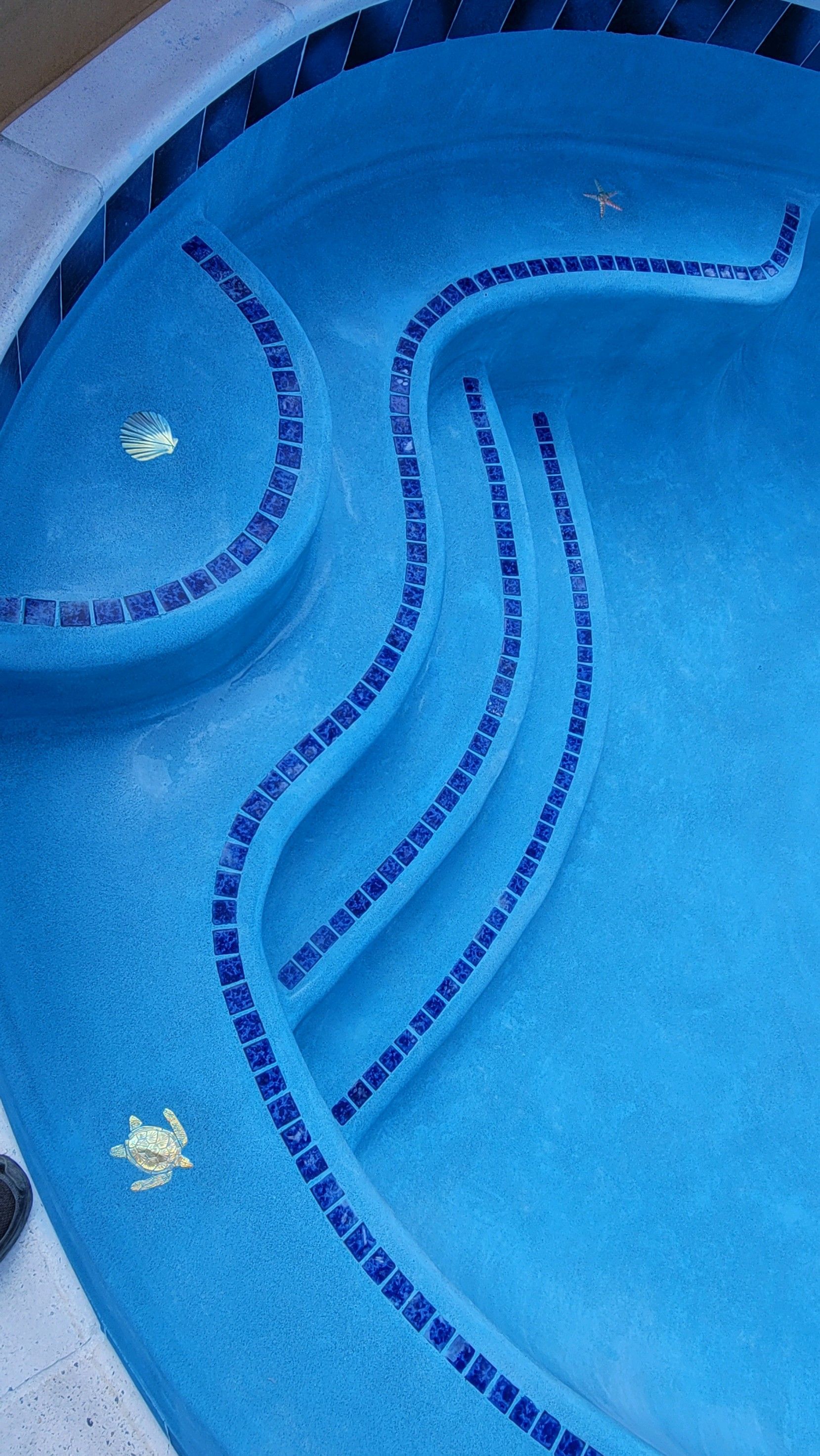 Blue-tiled swimming pool with built-in steps and mosaic tile accents.