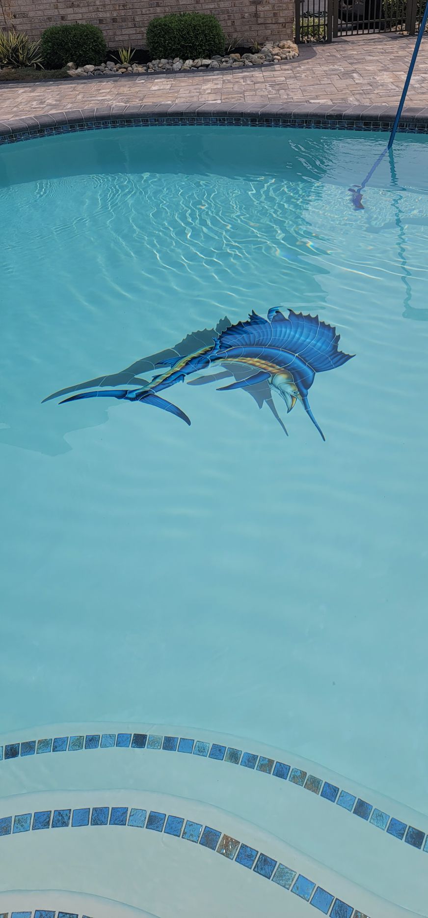 Blue mosaic fish decoration in a pool.