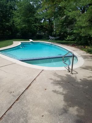 Swimming pool with diving board, steps, and handrail, surrounded by concrete and grass, trees in background.