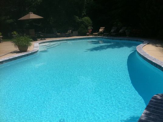 Swimming pool with blue water surrounded by a stone deck, chairs, and umbrella. Trees in the background.