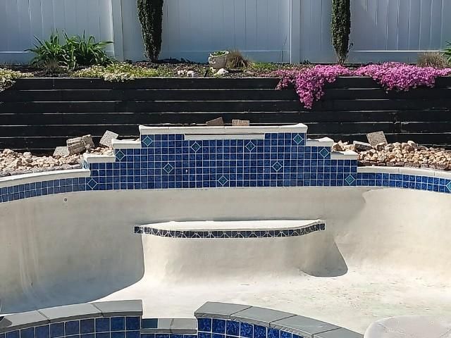 Empty pool with blue tile steps and coping. Black retaining wall and landscaping in background.