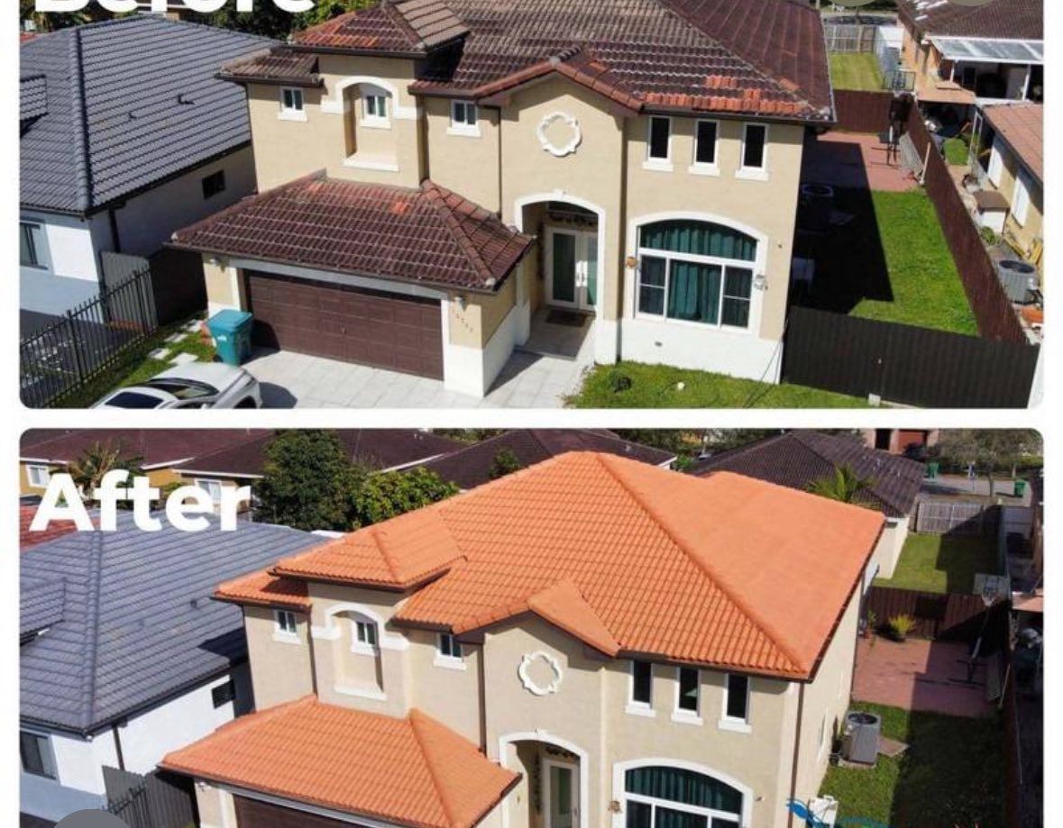 Before and after photos of a house with a brown roof changing to an orange roof.
