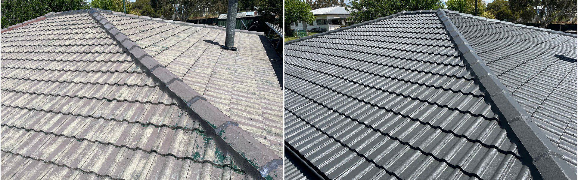 Two-part roof comparison: left side is faded gray, right side is dark gray. Ridge is dark gray.