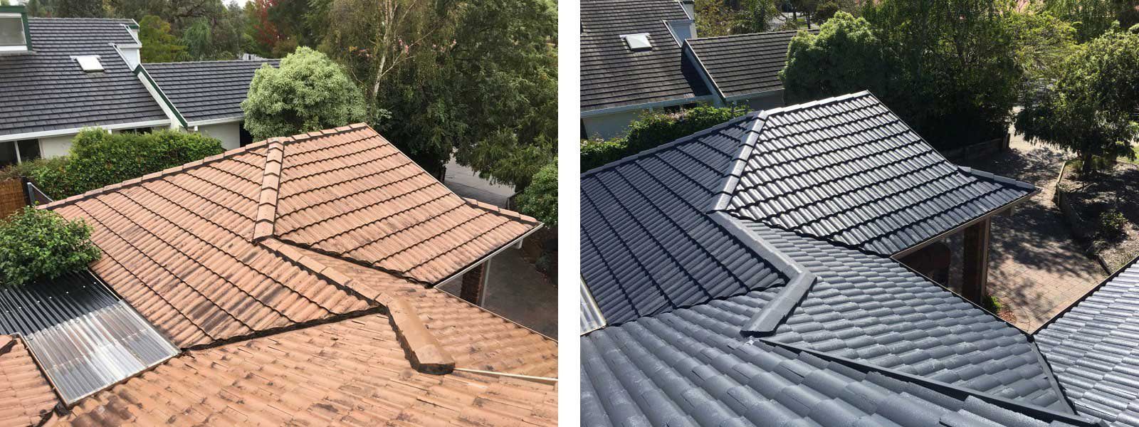 Two adjacent houses, one with brown roof tiles and the other with gray tiles.