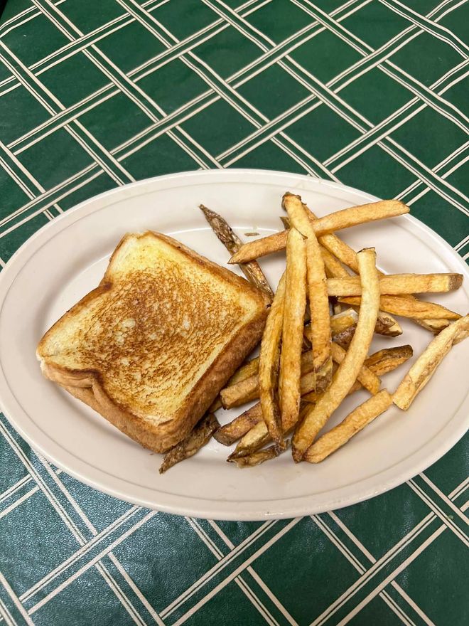 Grilled sandwich and fries on a white plate, set on a green patterned tablecloth.