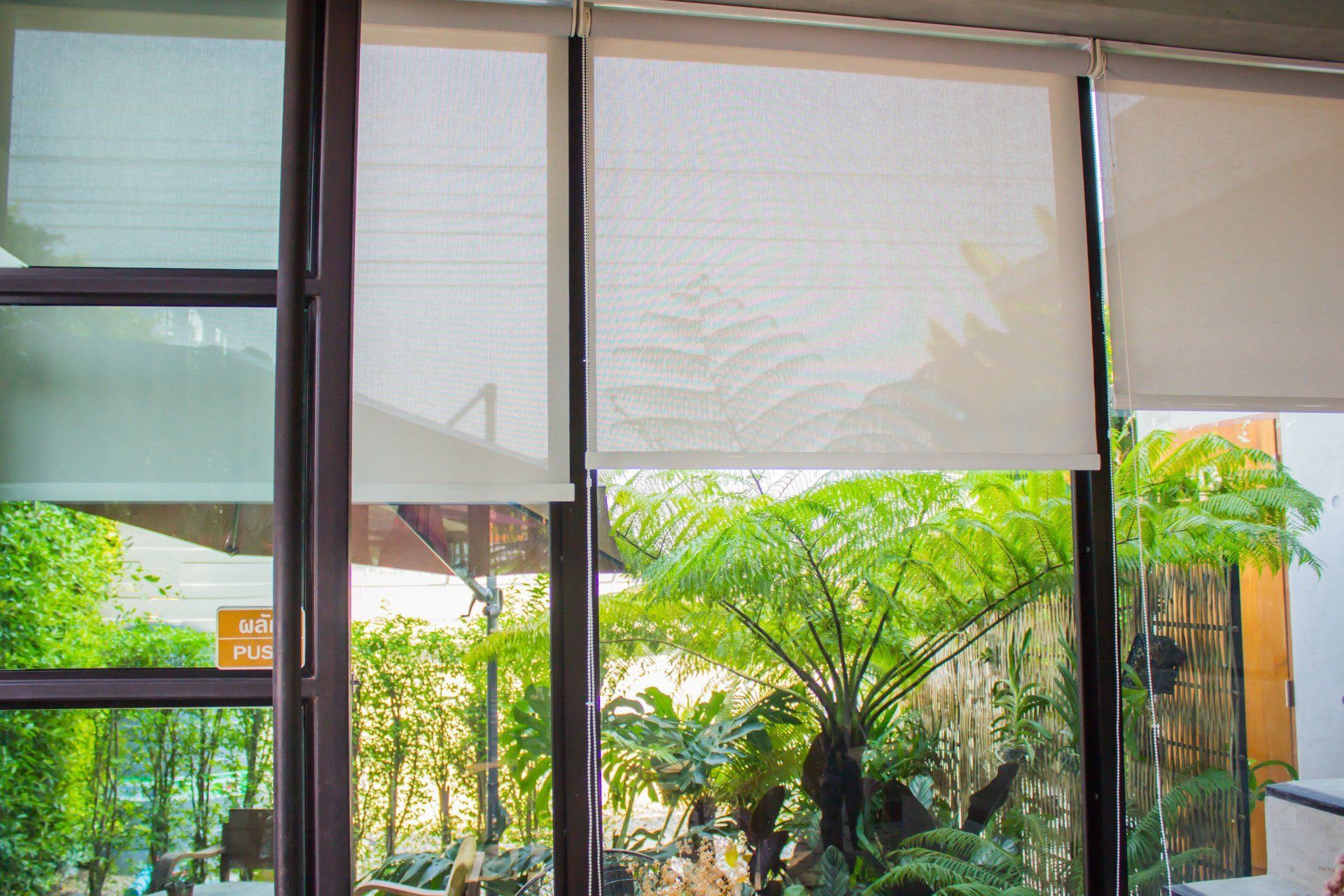 Glass windows with white blinds partially covering a view of green plants and a sunny outdoor setting.