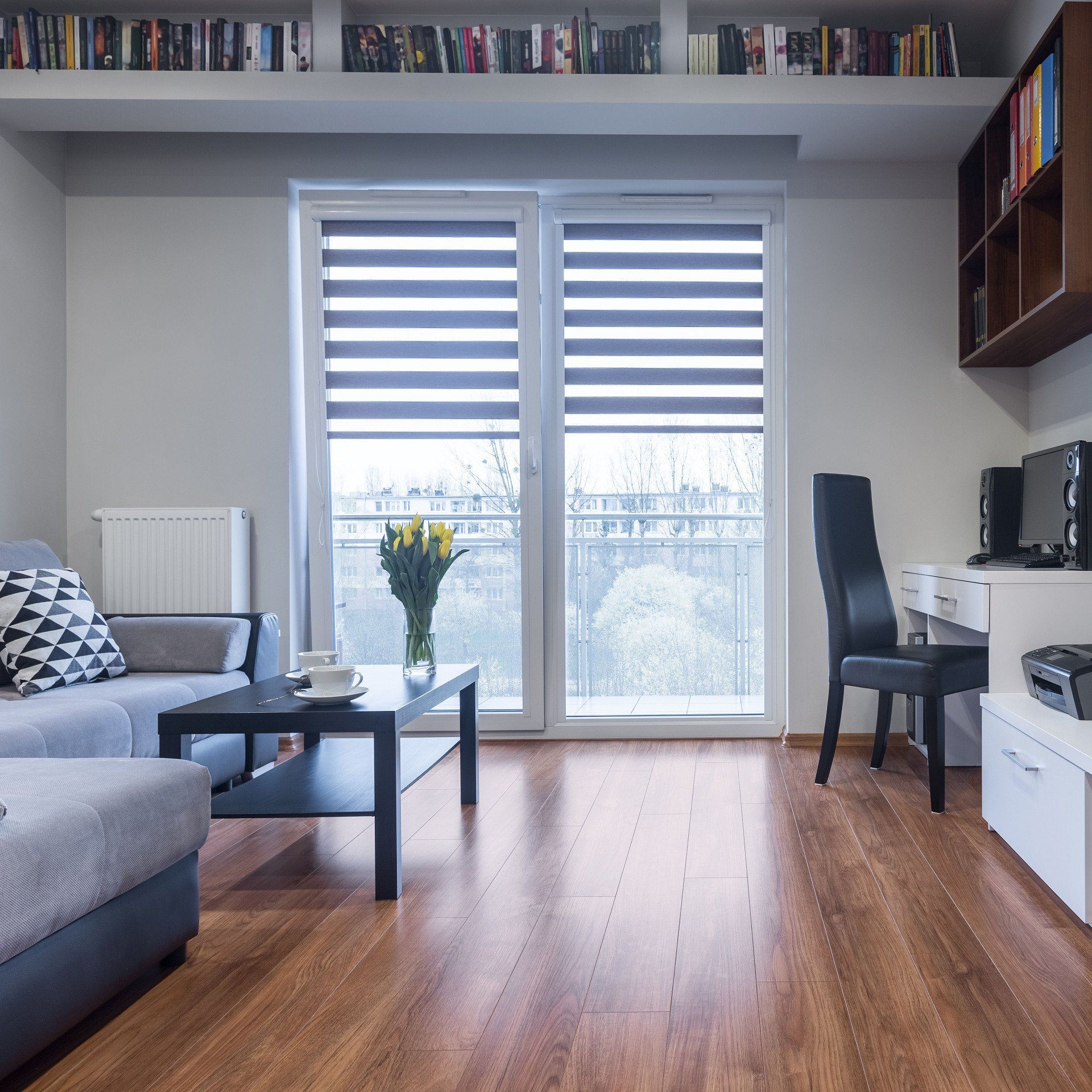 Living room with a window, sofa, coffee table, and a bookshelf with books.