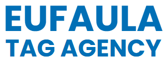 The logo for Eufaula Tag Agency is blue and white.