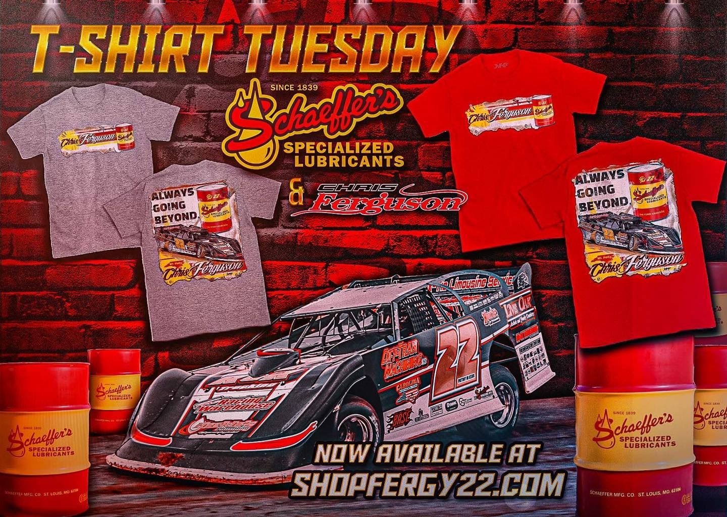 A t-shirt tuesday advertisement with a race car