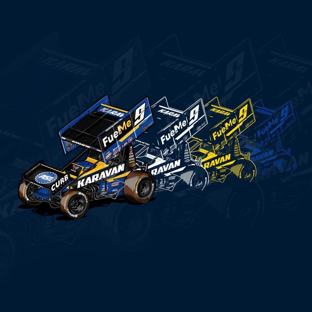 A blue and yellow race car is on a dark blue background.