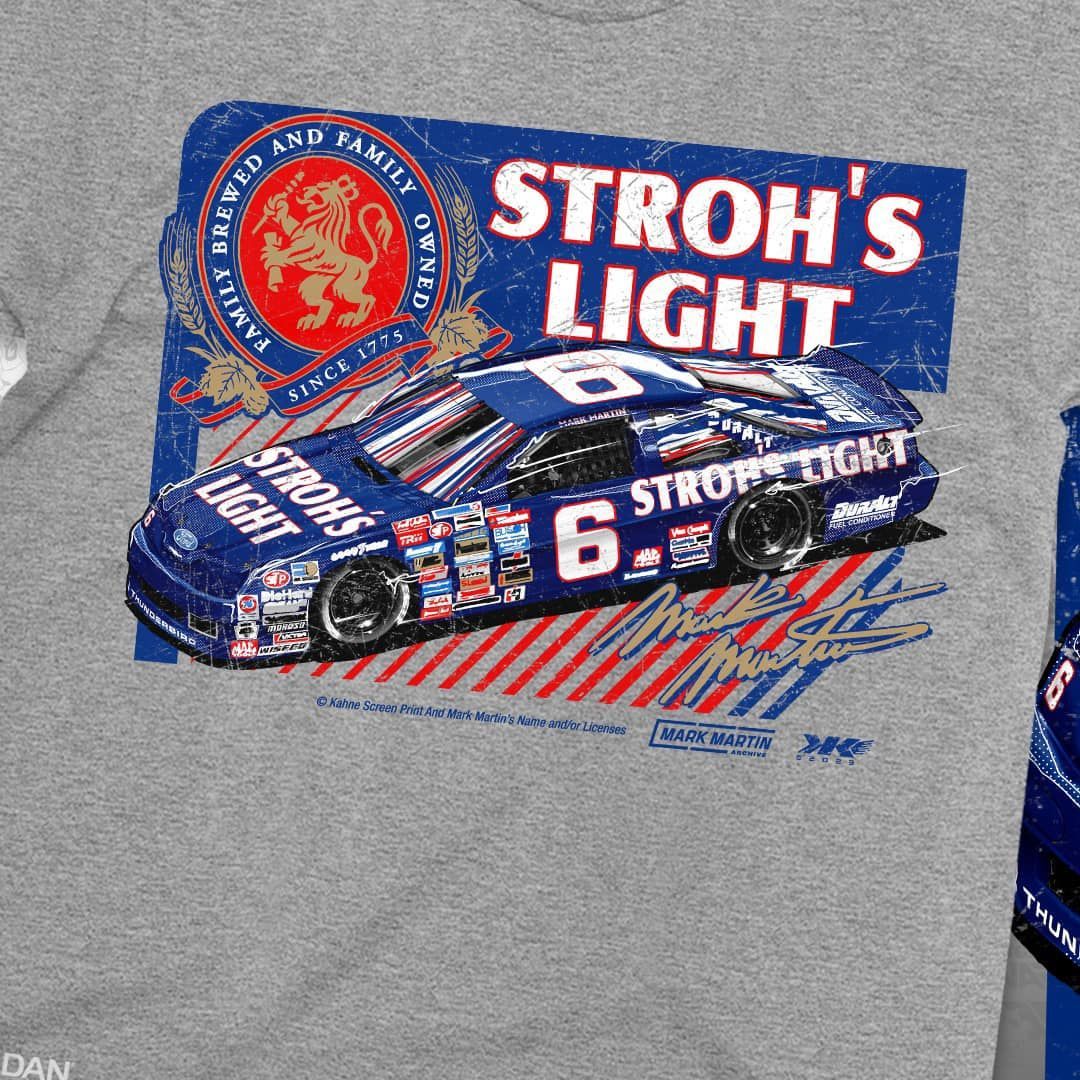 A stroh 's light t-shirt with a race car on it